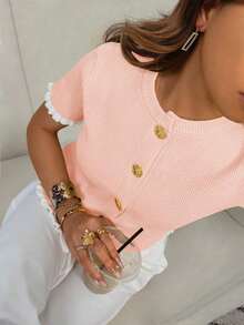 Women's Summer Button Ear Design Beige Knit Top, Elegant Casual Short Sleeve Knit Sweater, Suitable For Dates And Daily Wear - 粉色 - 查看 13