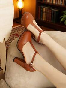 1 Pair Solid Color Basic Fashion PU Leather T-Strap Elegant Chunky Heel Office Pumps, Suitable For All Seasons - Brown - View 5