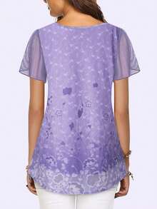 CheersLife Women's V-Neck Short Sleeve Casual Blouse With Double Layer Mesh Loose Top Vacation Summer - Lilac Purple - View 2
