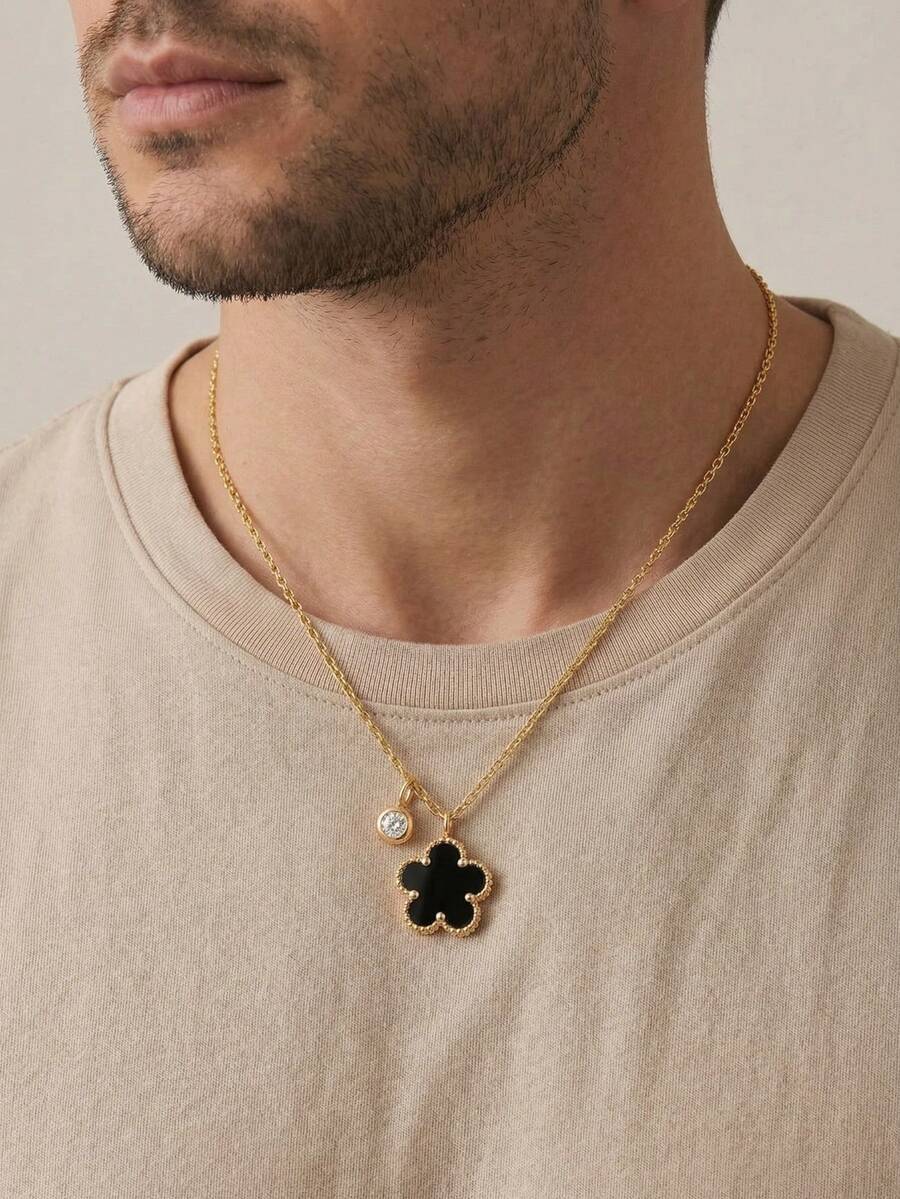 钛钢四叶草几何镶嵌钻石项链 - 彩色 - 查看 1