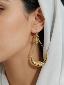 1 Pair Vintage Exotic Starburst & Crescent Moon Chain Earrings, Versatile Daily Wear For Women - Gold - View 1