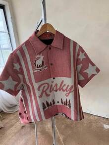 Vintage Street Hip Hop Alphabet Character 3D Printing Loose Men's Short Sleeve Cardigan Shirt - Light Pink - View 1
