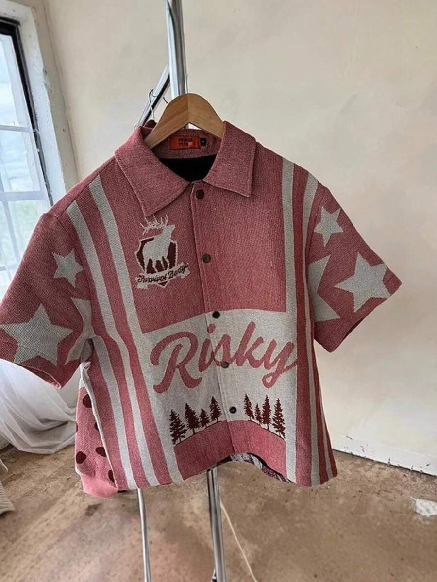 Vintage Street Hip Hop Alphabet Character 3D Printing Loose Men's Short Sleeve Cardigan Shirt - Light Pink - View 1