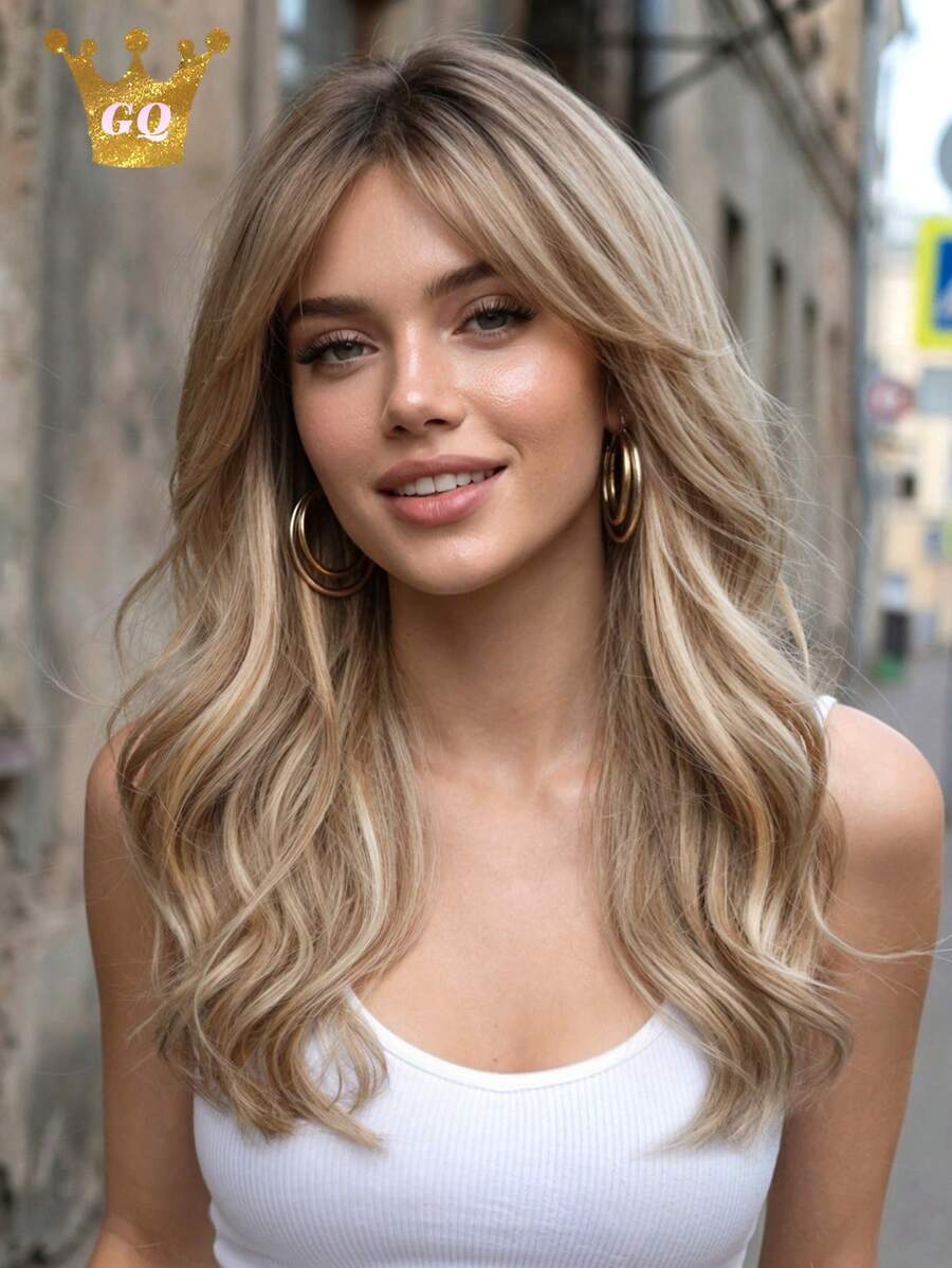 20 Inch Brown Wig With Blonde Highlights Wig Long Body Wave With Curtain Bangs , Machine Made Heat Resistant Synthetic Wig, Natural Looking Daily Wear Wig For Office & Party - Brown - View 1