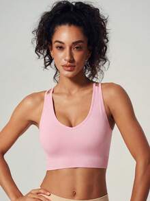 UONNOU Áo croptop không tay dành cho nữ, thiết kế hở lưng hình trái tim gợi cảm, lớp lót có thể tháo rời, áo tank top tập thể dục không đường may, thích hợp cho mùa xuân/hè. - Hồng - Xem 4