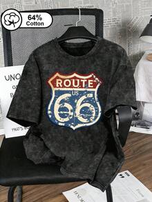 女士加大码休闲上衣，饰有数字和字母印花，复古水洗圆领短袖，休闲运动风，适合春夏穿着，女士衬衫，黑色印花T恤 - 黑色 - 查看 1