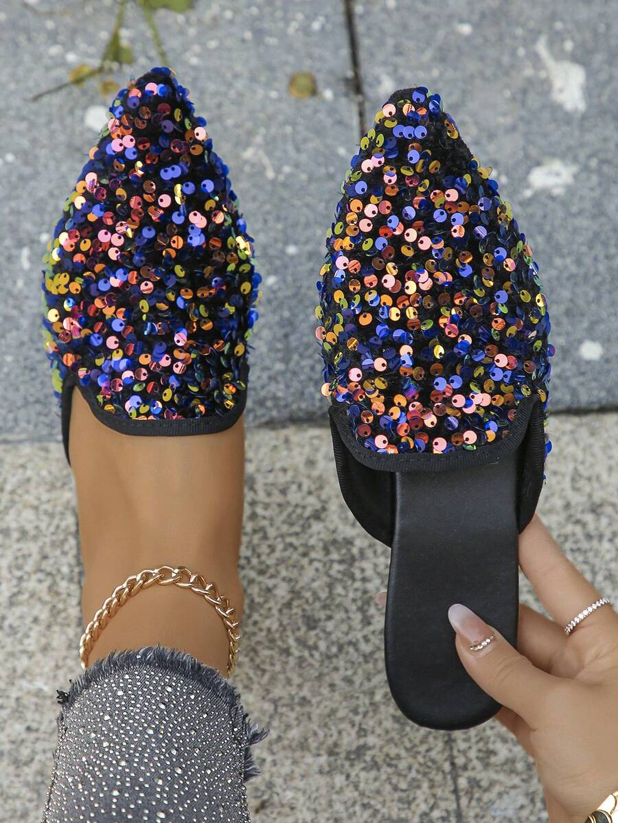 Plus Size 35-45 Pointed Toe Sequin Flat Slip-On Mules, Comfortable Casual Flat Shoes For Spring, Summer, Autumn, Versatile Elegant Lightweight Slip-On Shoes, Mother's Day Gift