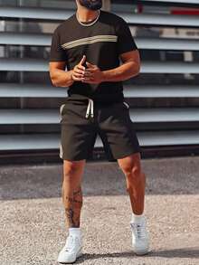 Men's Casual Sports Set, Waffle Texture Fabric, Everyday Casual, Commuting, Street Fashion, Outdoor Sports - Black - View 1