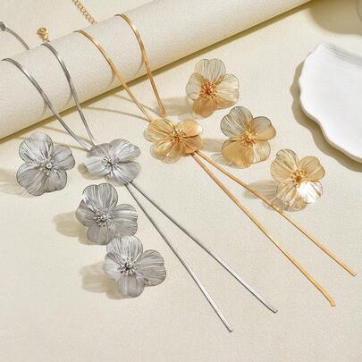 3 قطع مجموعة مجوهرات أنيقة فرنسية عتيقة بتصميم زهري مع شرابات، تشمل قلادة وأقراط وخاتم، مناسبة لمناسبات الزفاف والحفلات والسهرات