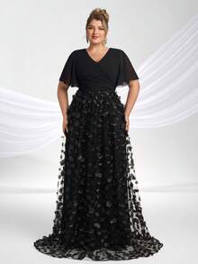 YISIKADO Plus Size Women's 3D Floral Premium Evening Gown With Bow Short Sleeve V-Neck Long Dress Elegant Formal Evening Party Wedding Guest Summer Dress - Black - View 4