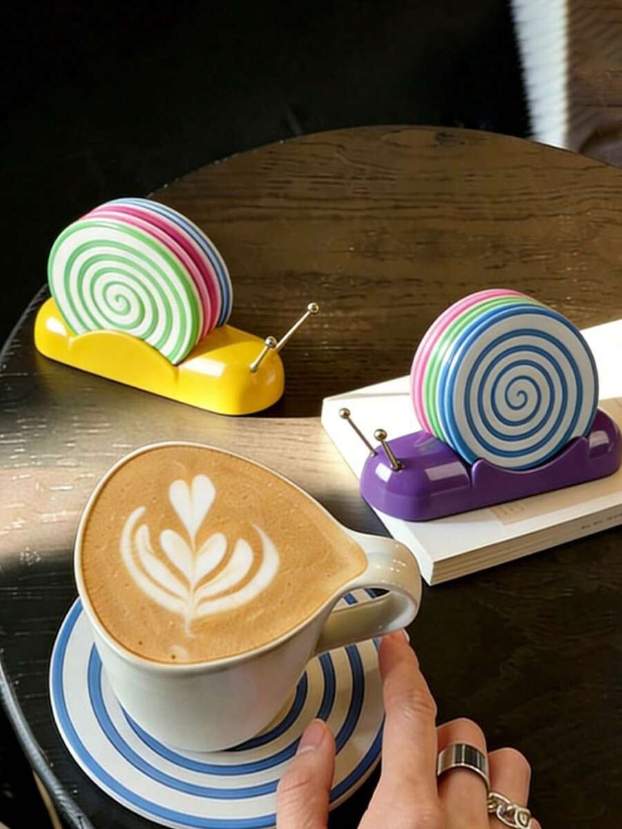 1pc Cute Cartoon Snail Coaster Set, 6pcs/Set, PP Plastic, Non-Slip Heat Insulation, Practical Decoration For Kitchen And Living Room - Yellow - View 1