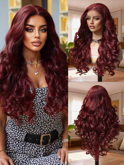 Tóc giả ren phía trước 13x4 có tóc con, dài 24 inch, màu đỏ, kiểu sóng xoăn, thích hợp làm quà tặng cho phụ nữ, đồ trang trí Giáng sinh, quà tặng phù hợp cho mọi người, sợi tổng hợp nhập khẩu từ Nhật Bản, dành cho nữ, cosplay, trông tự nhiên, chất lượng tốt, tóc giả mềm mại.
