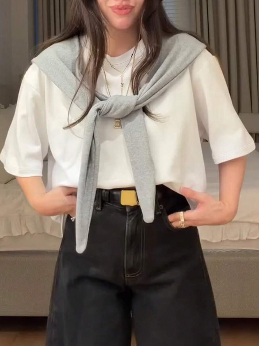 女士休闲拼接披肩领短袖宽松T恤上衣，纯色针织面料，通勤及日常穿着，春夏款