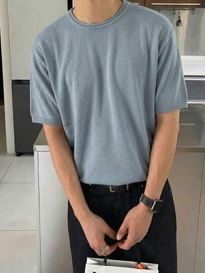 Men's Casual Solid Color Loose Fit Commuting Minimalist Ribbed Hem Comfortable Sports Street Office Versatile Short Sleeve Knit Top, Blue Sweater