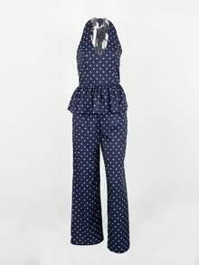 优雅无弹力两件套：露背波点荷叶边吊带背心和长裤，女士夏季度假必备 - 藏蓝色 - 查看 6