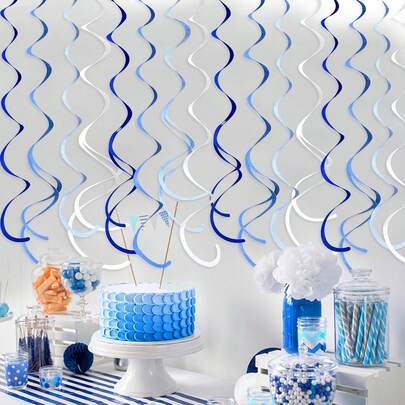 8pcs/16pcs/32pcs Royal Blue & White Felt Swirl Hanging Decorations, Spiral Ceiling Garland Suitable For Birthday, Wedding, Baby Shower, Graduation, Nautical, Underwater Themed Parties