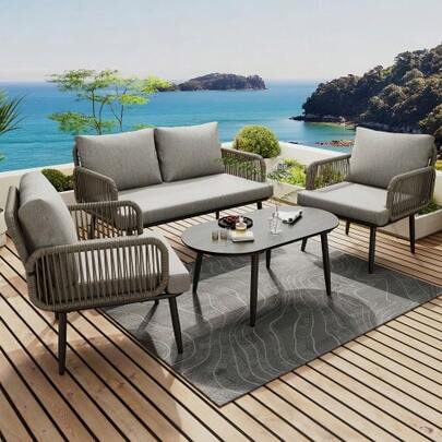 Garten-Loungestuhl-Set, Gartenmöbel-Set Mit Bequemen Kissen, 2-Sitzer-Sofa, 2 Sessel Und Couchtisch, Handgeflochtenes Seil, Glasplatte In Holzmaserung-Stil, Verzinkter Stahl, Gray