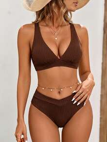 EMERY ROSE Bộ bikini sọc họa tiết cổ chữ V dành cho nữ - màu nâu - Xem 3