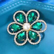 1 pieza Broche de flor de perla esmeralda de lujo, broche de girasol chapado en oro con cristal, accesorio elegante de regalo para mujer para bodas y fiestas - flores - Ver 4
