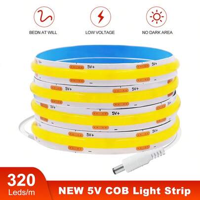 Tira de luz LED COB de 5V, 320 LED/M de alta densidad sin puntos, cinta flexible autoadhesiva y regulable, CRI90+, luz ambiente alimentada por USB de bajo voltaje para dormitorio, hogar, gabinete, iluminación de fondo