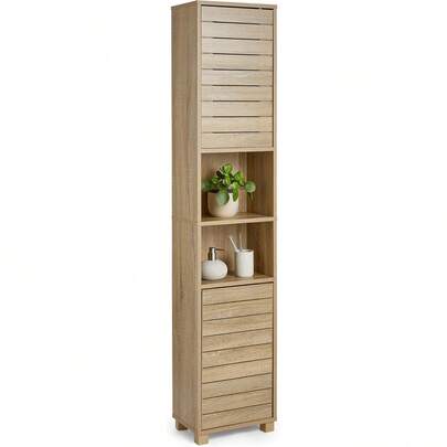 VonHaus Tall Bathroom Cabinet – Oak Wood Effect Bathroom Tallboy With Slatted Design - Tall Storage With 2 Handleless Cupboard Doors, 5 Internal & 2 Open Shelves - For Kitchen & Hallway - Chester