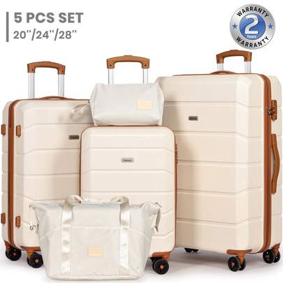 Luggage Sets Of 5 Piece, Lightweight Trolley Travel Suitcase Set ABS Hard Shell With 4 Spinner Wheels TSA Lock For Man Women, 21" + 24" + 28"+ Duffels Bag & Toiletry Bag-Beige