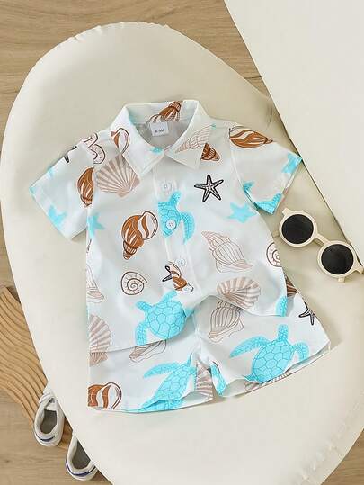 2pcs Baby Boy Casual Cute Summer Shell Print Shirt And Elastic Waist Shorts Set, Street Fashion Children Outfit, Comfortable Summer Wear
