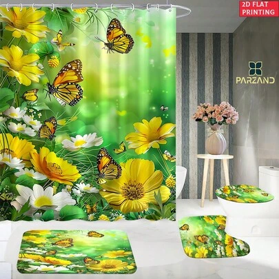 Bộ rèm tắm họa tiết hoa cúc màu vàng mù tạt 4 món, thiết kế đồ họa 2D, bao gồm: rèm tắm đa chức năng chống thấm nước (kèm 12 móc), thảm chống trượt, thảm chữ U cho bồn cầu và thảm lót nắp bồn cầu. Có thể giặt máy. Tạo không gian phòng tắm ấm cúng và dễ chịu. Món quà trang trí nhà cửa thanh lịch và thiết thực. Cần thiết cho gia đình; nhiều kiểu dáng khác nhau có sẵn tại cửa hàng.