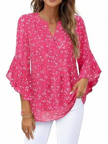 女士花卉雪纺衬衫，荷叶边装饰，七分袖，柔软V领 - 适合春、夏、秋、度假的优雅办公/休闲上衣 - 粉色 - 查看 3