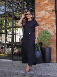 Elegant Midi Set With Slit Skirt And Sophisticated Basic Blouse - màu đen - Xem 1
