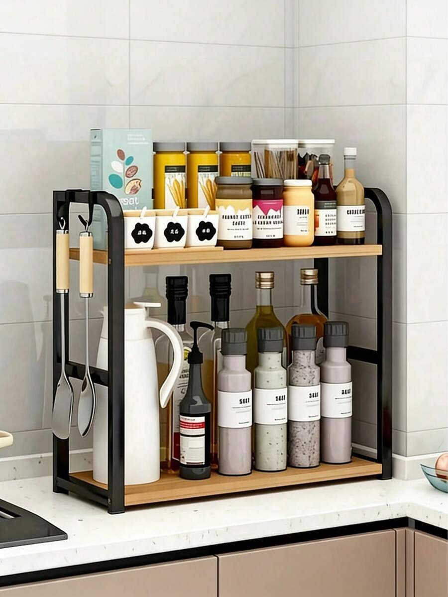 1 pieza Estantería de almacenamiento multifuncional para la cocina, accesorios de cocina, almacenamiento de cocina, decoración del hogar, accesorios del hogar, organizador de almacenamiento, organizador de cocina, estantería, estación de café, estantería de especias, artículos esenciales de cocina, artículos esenciales del hogar, necesidades de apartamento - Estante de almacenamiento de 2 capas - Ver 1