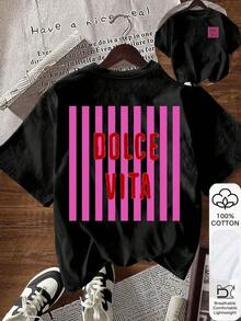 Camiseta blanca de manga corta, de corte holgado y caída de hombros, con estampado de letras y rayas, para uso casual y diario en verano-Vintage Street Style Unisex Loose Cotton Short Sleeve Crew Neck T-Shirt - Negro 2 - Ver 6