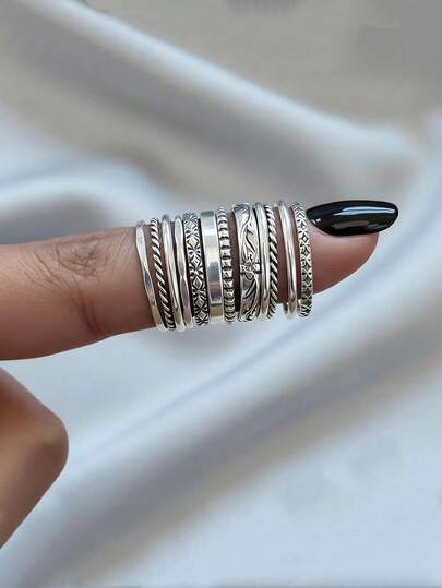 Bộ 12 chiếc nhẫn xếp chồng thủ công màu bạc, phong cách tối giản Boho.