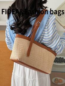 New Arrival Spring/Summer Vacation Season Straw Patchwork Tote Bag, Large Capacity Resort Style Versatile Tote Bag, Polyester & Faux Leather Material, Adjustable Strap, Suitable For Daily, Commute, Vacation - Brown - View 5