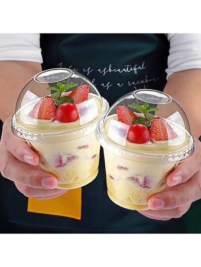 100个透明塑料杯，带盖，水晶PET材质，适用于甜点、芭菲、一次性派对杯，可盛装水果、冰淇淋、纸杯蛋糕、冷饮，也可作为学习用品、食品袋、食品盒，盛装糖果、巧克力、饼干，是万圣节或圣诞节派对的理想之选。