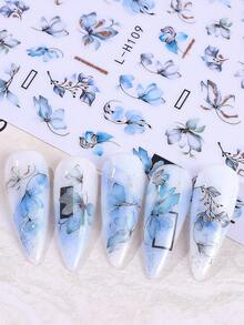 3D水彩花朵美甲贴纸4片装，渐变绽放墨蓝紫色花瓣几何条纹字母设计，DIY优雅时尚浪漫婚礼春夏花卉印花自粘美甲沙龙贴纸滑动式美甲装饰及用品，适合女性和女孩 - 彩色 - 查看 11
