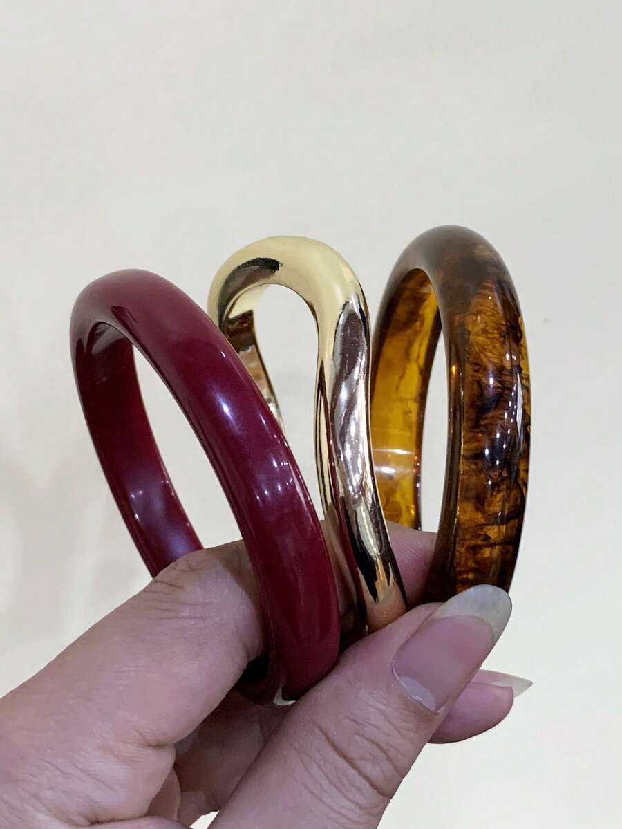 LADYCOCO 3pcs Vintage Style Coffee & Burgundy Bracelets Set With Gold Geometric Rings, Women Accessories - Multicolor - View 1