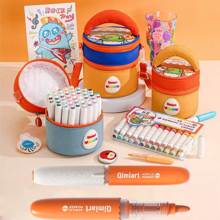 New 12/24/36/48/60 Pcs Set Vibrant Acrylic Marker Pens, Professional Free-Flowing Ink System With Excellent Color Coverage On Black Paper, Soft Brush Tip For Smooth Writing And Coloring, Boxed With Fabric Storage Bag For Easy Carrying And Organization - Marker Pen (set) - View 1