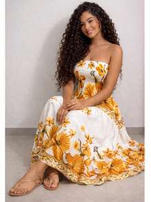 July Strapless Tropical Dress In Various Prints, 2025 Collection - floral naranja - View 1