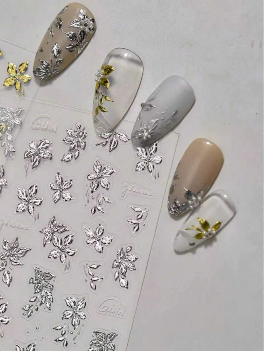 5D 浮雕銀色花卉美甲貼紙,金屬質感花卉自黏式美甲貼花,極簡優雅美學 DIY 美甲裝飾,適用於居家美甲、美甲沙龍美甲藝術與穿戴甲配件,1 張 - 銀色 - 查看 1