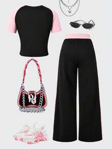 女士休闲两件套，黑色露脐上衣配粉色袖子，搭配同色系阔腿运动裤，适合夏季日常穿着。 - 黑色 - 查看 7