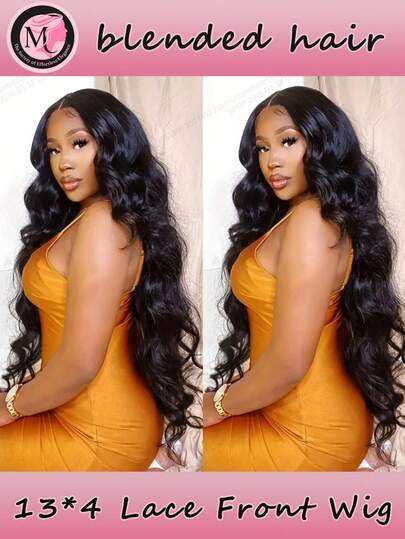 Blended Wigs-A Mix Of Human Blended Hair And Synthetic 13x4 Lace Front Wigs Human Blended Hair 180 Density Body Wave Lace Front Wigs Human Blended Hair Pre Plucked Natural Color Glueless Wig Human Blended Hair Lace Front Wigs For Women Bob(6-16inch)