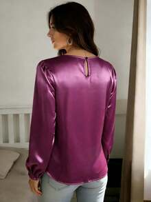 Blusa de manga larga con cuello redondo de tela tejida tipo seda para mujer, primavera - Rojo violeta - Ver 3