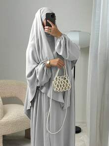 3件組 Khimar+Abaya 柔軟祈禱套裝，長款 Abaya 配對希賈布，休閒外出必備單品（希賈布+洋裝+腰帶） - 彩色 - 查看 10