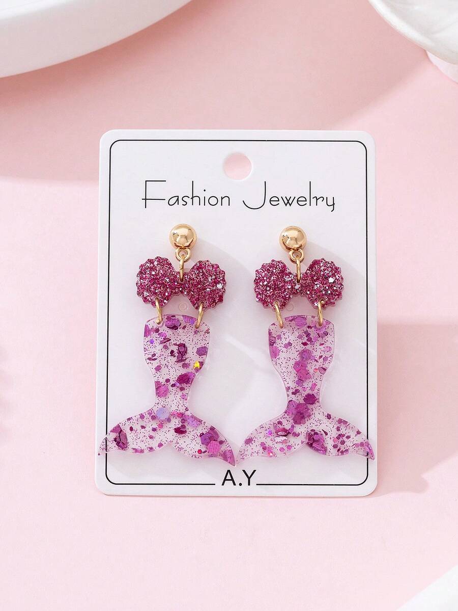 1 Pair Shiny Bow-Knot Mermaid Design Fashion Jewelry Earrings, Gift For Beach Vacation & Party - Pink - View 1