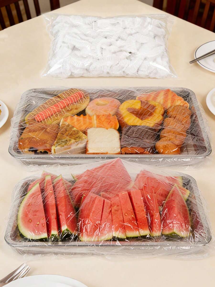 100片装 - 大号食品保鲜膜，透明食品保鲜膜，食品托盘保鲜膜，厨房食品罩，塑料袋，食品储存袋，面包罩，白色食品罩，塑料包装膜，PE保鲜袋，厨房收纳，家用塑料包装