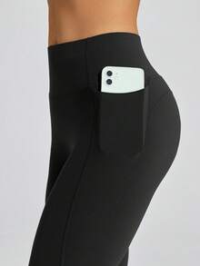 Leorrey 1pc Women's Fashionable High Waist Shaping Elastic Waistband Sports Pants With Side Pockets - Black - View 2