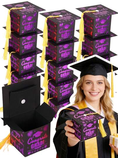 10 PIEZAS/1 PIEZA/Caja de caramelos para fiesta de graduación, caja con borla en forma de birrete de graduación DIY para regalo de graduación, decoración de fiesta de graduación, suministros para fiestas, decoraciones de centro de mesa de graduación (negro, morado y dorado)