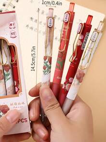 4/1 pieza Bolígrafo de tinta negra de 0,5 mm con forma de rosa y botón pulsador, lindo y hermoso, adecuado para uso de oficina y escuela de mujeres/niñas, esencial para la temporada de regreso a clases - Rosa roja - Ver 5