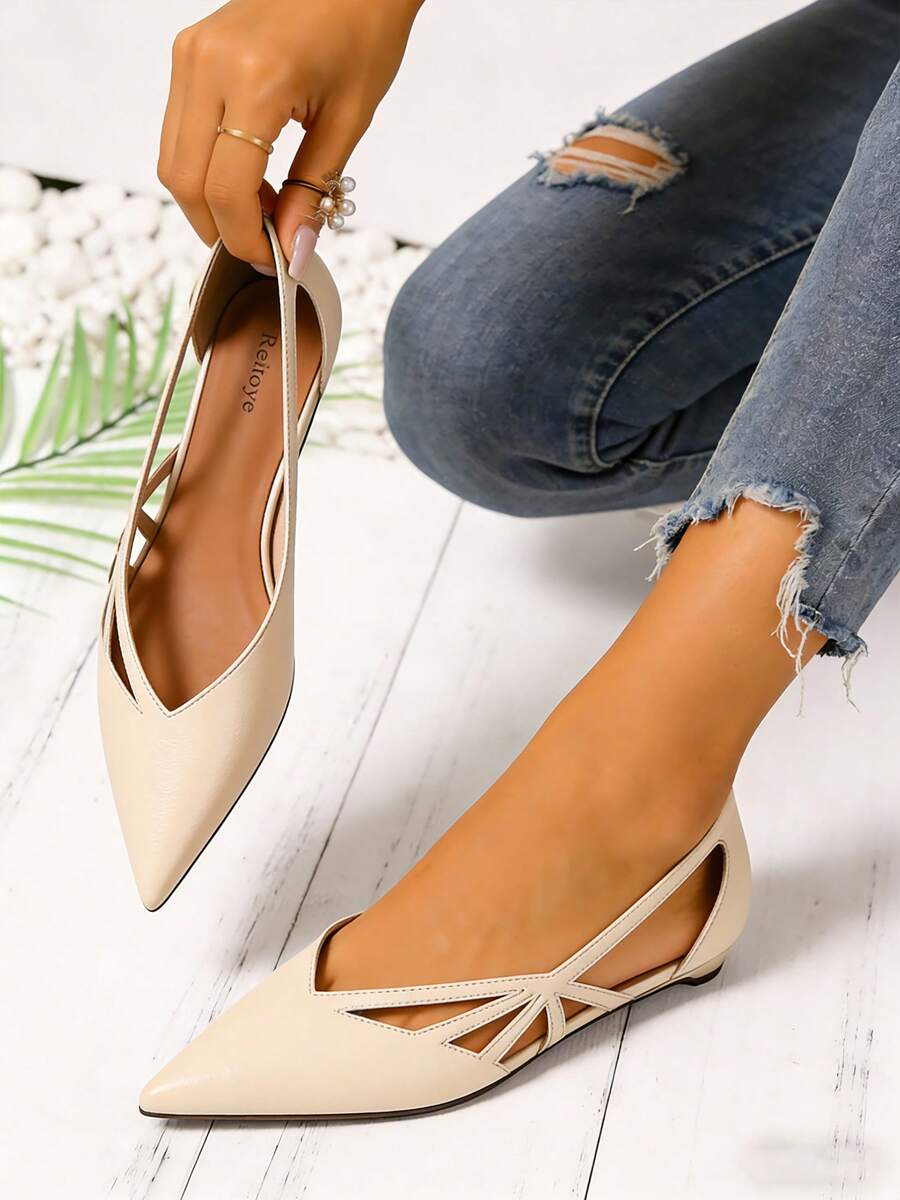 Reitoye New Arrival Y2K Comfortable Nude Sandals For Women Summer Pointed Toe Patent PU Ballerina Flats Shoes,  Hollow-Out Flat Heels Summer Shoes,  Mother's Day Gifts, Soft Leather, Soft Soles - 裸色-鏤空 - 查看 1